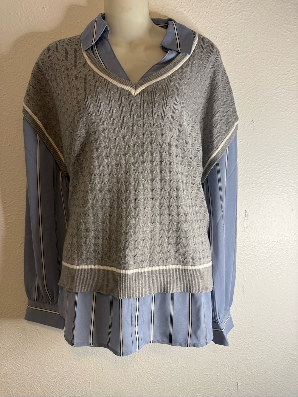 Adrianna papel Layered Light Blue Striped Button-Up with Gray Knit Vest